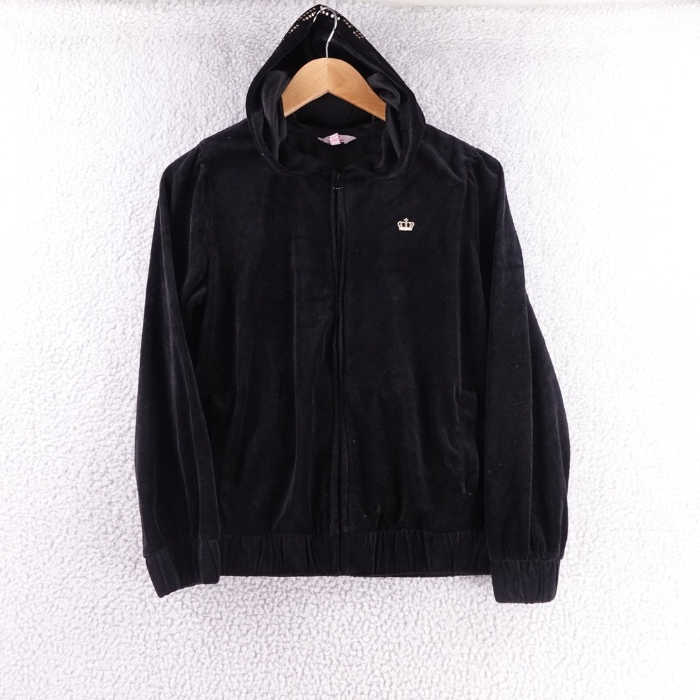 Juicy Couture Black Velour Zip Up Hoodie Rhinestone Juicy Hood XL Plus Y2K Crown